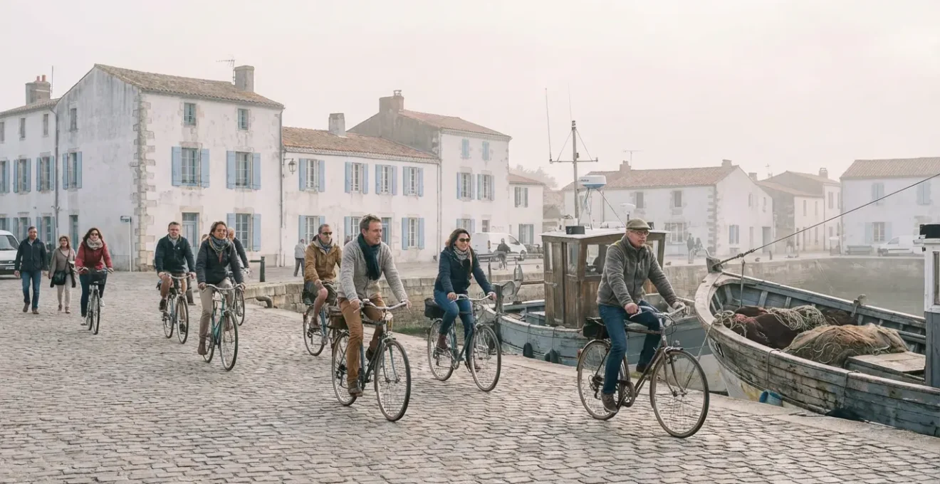Cyclists passing traditional fishing boats in Île de Ré harbour village