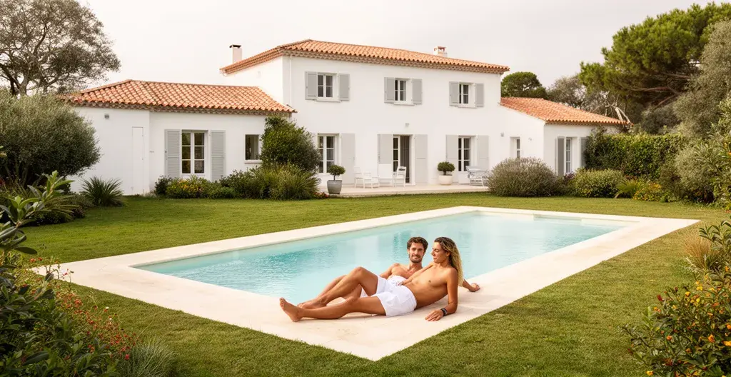 Couple relaxing by private pool at Île de Ré villa
