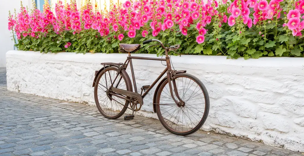 Vintage bicycle against whitewashed wall with pink hollyhocks on Île de Ré