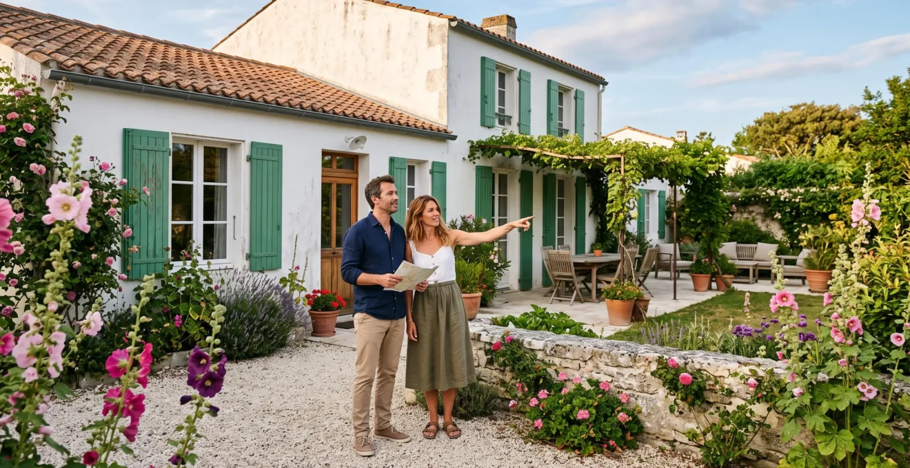 A couple examines the garden and terrace of a villa on Île de Ré.