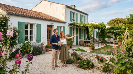 A couple examines the garden and terrace of a villa on Île de Ré.