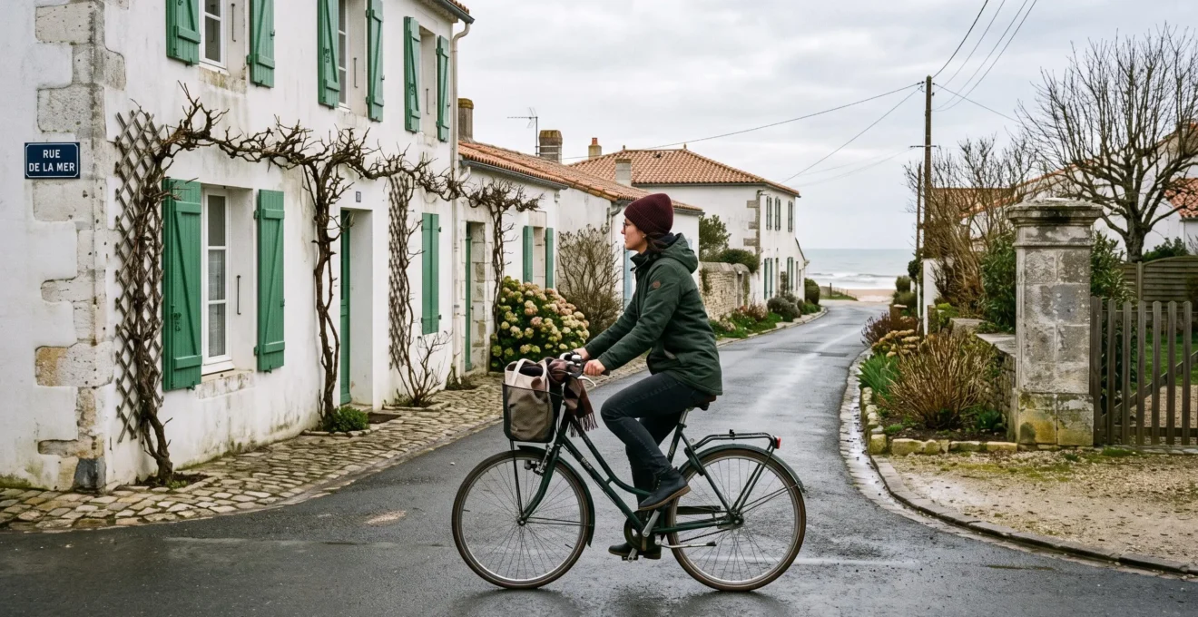 A woman cycles down a quiet coastal lane in spring on Île de Ré.