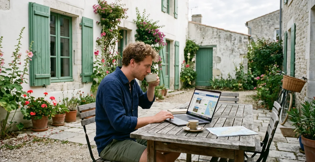 A man compares villa listings on his laptop in a villa courtyard.