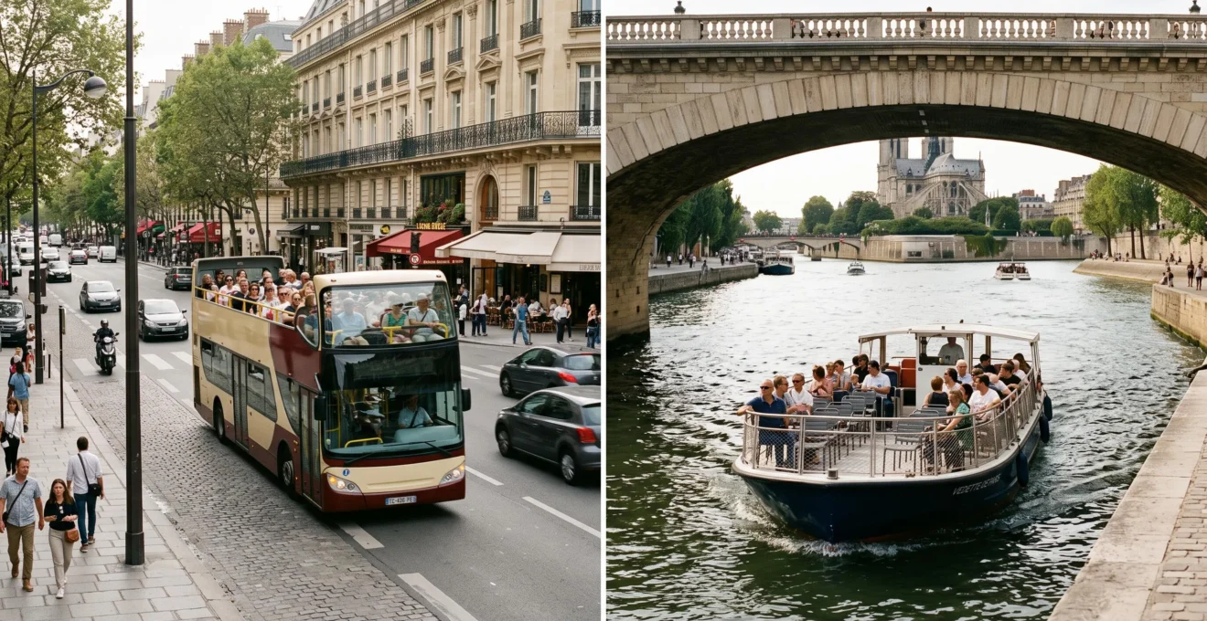 Side-by-side editorial views of an open-top sightseeing bus and a Seine sightseeing cruise in Paris