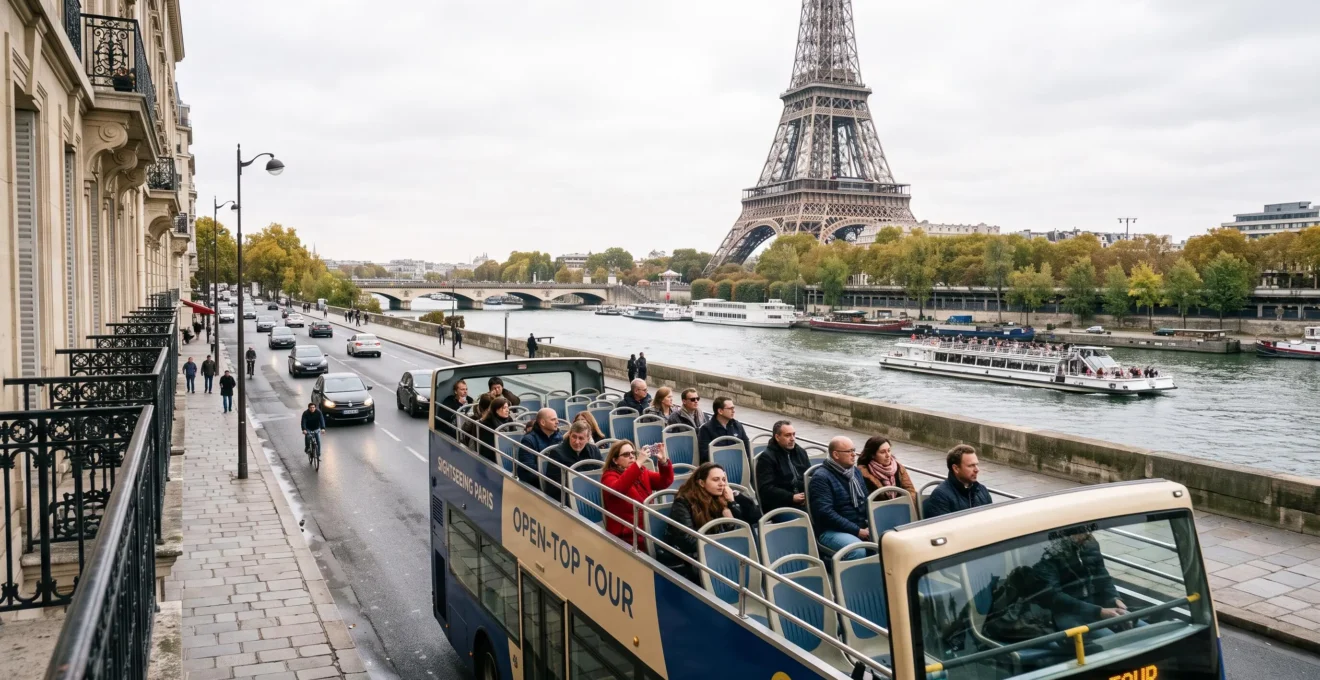 Travelers sightseeing from an open-top bus near the Seine with the Eiffel Tower visible in Paris