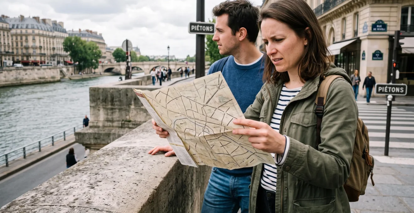 Traveler checking a generic Paris sightseeing route map near a riverfront landmark