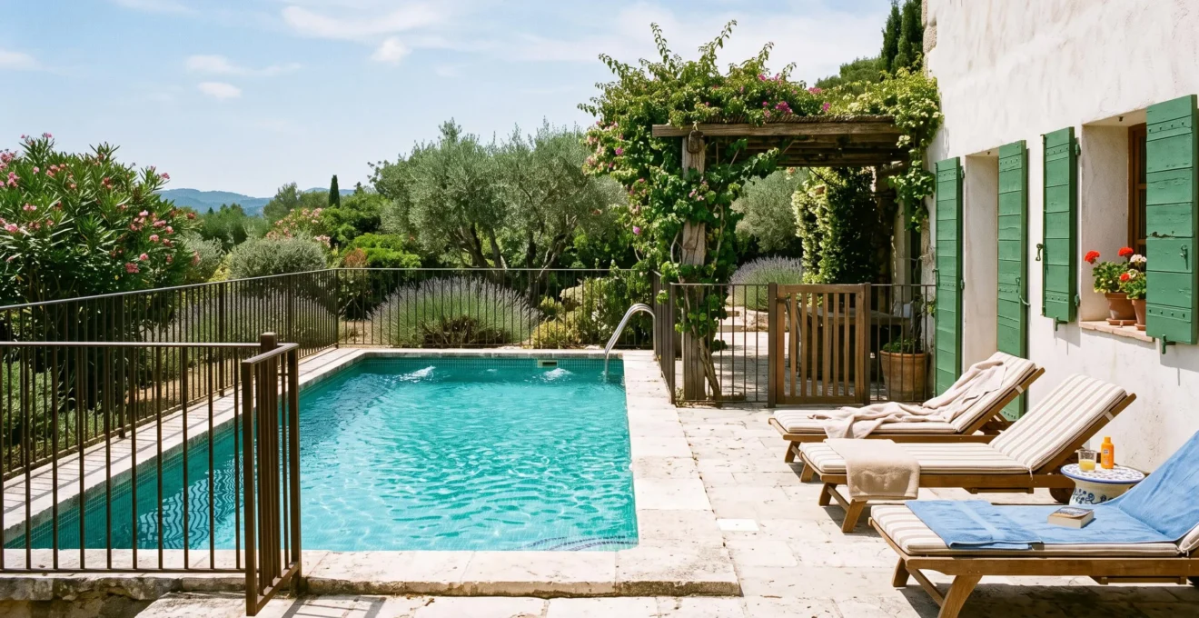 A fenced villa swimming pool with loungers on a stone terrace.
